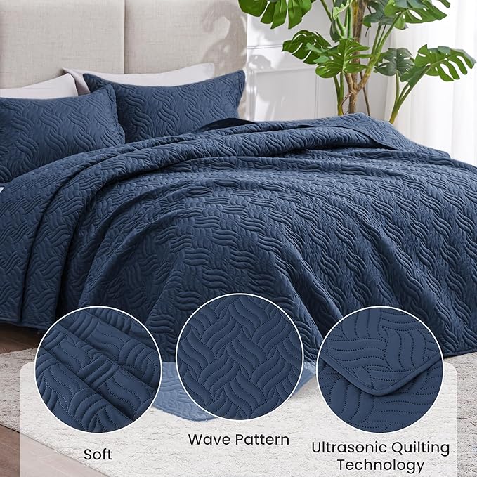 Love's cabin Quilts for Full Bed Navy Blue Bedspreads Bedding Set - Lightweight Bedspread Comforter - Wave Pattern Bedding Coverlet for All Season - 3 Pieces (1 Quilt, 2 Pillow Shams)