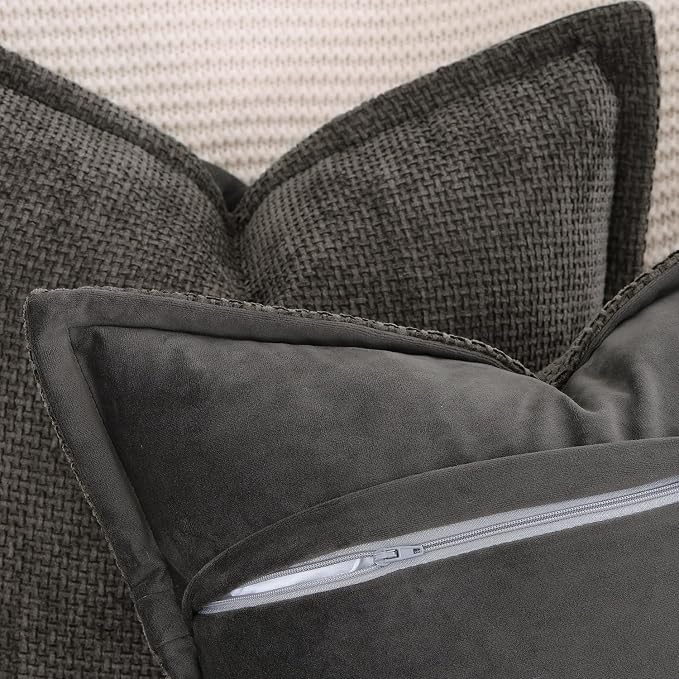 MADIZZ Decorative Chenille Velvet Throw Pillow Covers Set of 2 Soft Boho Textured Neutral Couch Throw Pillow for Bed Modern Farmhouse Home Decor for Sofa Livingroom Dark Taupe 18x18 Inch