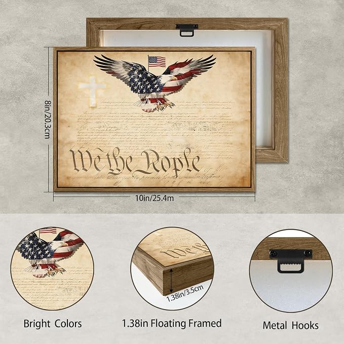 American Flag Framed Canvas Wall Art, 4th of July Patriotic Canvas Prints | USA Flag with Bald Eagle Poster Print, Vintage Independence Day Wall Decor for Bedroom Living Room 8×10in