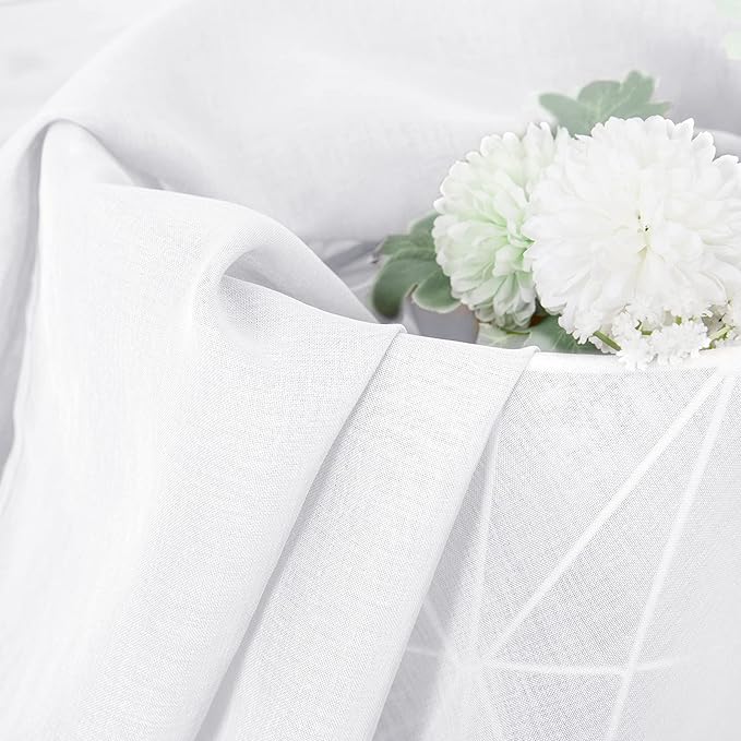 Tollpiz Short Sheer Curtains Linen Textured Bedroom Curtain Sheers Light Filtering Rod Pocket Voile Curtains for Living Room, 54 x 45 inches Long, White, Set of 2 Panels