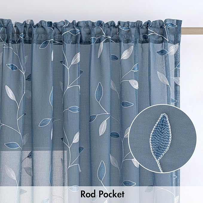 MIULEE Stone Blue Sheer Curtains 2 Panels Leaf Patterned, W52 x L96 | Embroidered Floral Semi Sheer,Rod Pocket,Faux Linen,Short Window Curtains Drapes Set for Kitchen/Bathroom/Cafe