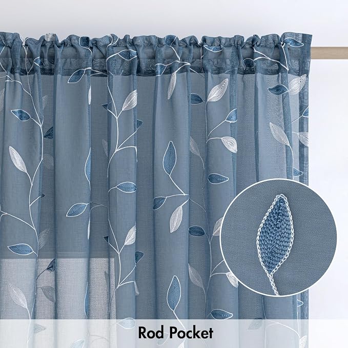 MIULEE Stone Blue Sheer Curtains 2 Panels Leaf Patterned, W52 x L84 | Embroidered Floral Semi Sheer,Rod Pocket,Faux Linen,Short Window Curtains Drapes Set for Kitchen/Bathroom/Cafe