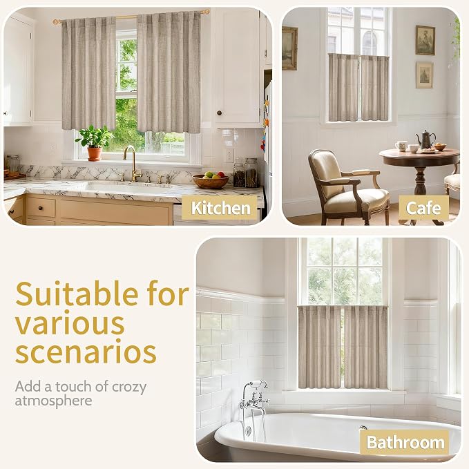 YoungsTex Dark Oatmeal Linen Curtains 40 Inch Length for Kitchen Window | Short Semi Sheer Drapes Burlap Textured Light Filtering with Rod Pocket Back Tab for Cafe Bathroom, 2 Panels, 42 X 40 Inch