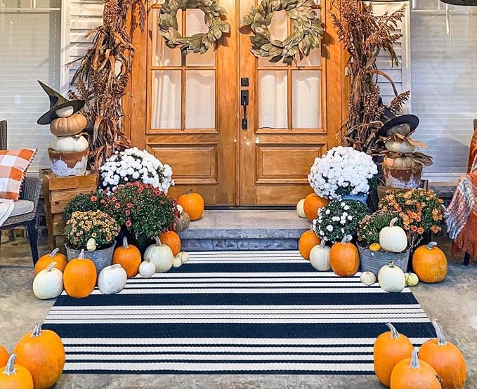 Blue and White Outdoor Rug 3'x 5'Striped Front Porch Rug Layered Door Mat | Cotton Woven Machine Washable Farmhouse Indoor Outdoor Area Rug Combined With Hello Welcome Mat