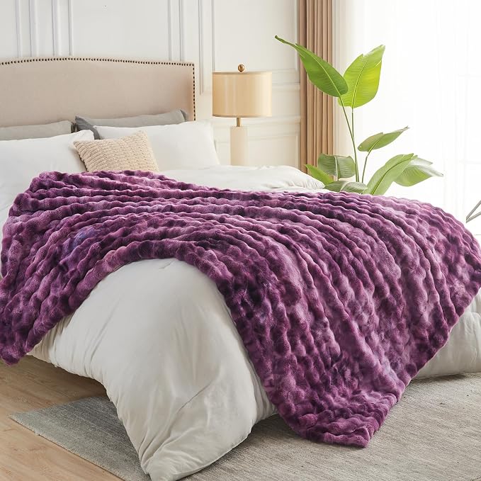 NEWCOSPLAY Faux Fur Bubble Twin Blanket for Couch, Tie-Dye Purple, 60"x80" | Fluffy Soft Thick Warm Bubble Blanket for Couch Sofa Bed 700GSM, Plush Cozy Luxury Decorative Throw, Gift for Women Men