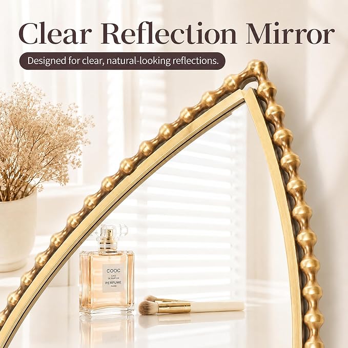 24" x 36" Teardrop Wall Mirror, Antique Gold Bold Beaded Frame | Unique vintage-style ornate decorative mirror for bathroom, bedroom, living room, hallway, entryway, vertical wall hanging.