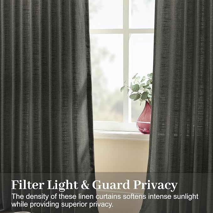 90 Inch Linen Pinch Pleated Sheer Light Filtering Curtains for Living Room | Semi Sheer, Farmhouse, Semi Sheer, Pinch Pleat, Linen Blend, Hook Ring, Memory Shape, W40xL90, 2 Panels, Charcoal Grey