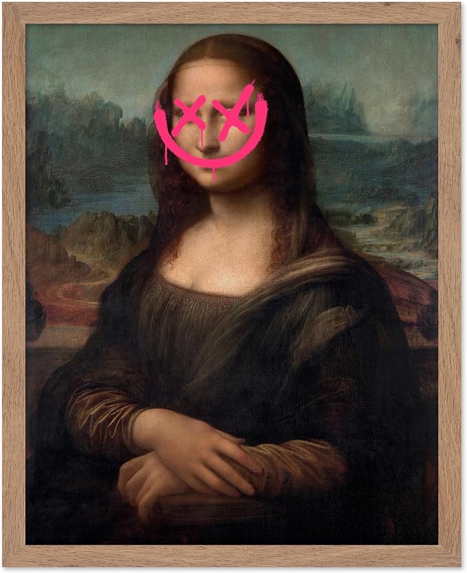 Poster Master Mona Lisa Painting Poster - Smile Face Print - Altered Art - Pop & Defaced Art - Gift for Men & Women - Minimal Decor for Office, Bedroom or Living Room, 8x10 Beige Framed