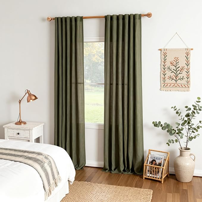 MYSKY HOME Extra Long Sheer Curtains Farmhouse, Sliding Door Curtain for Living Room Light Filtering Privacy Protect Soft Linen Blend Back Tab Window Drapes, 50" x 108", Olive Green, 2 Panels