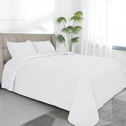Easy-Going Reversible Quilt Set King, Bedspread with 2 Shams | Damask-White/White, Lightweight Bed Comforter, 1 Quilt + 2 Pillow Shams, All-Season Coverlets for Bedroom
