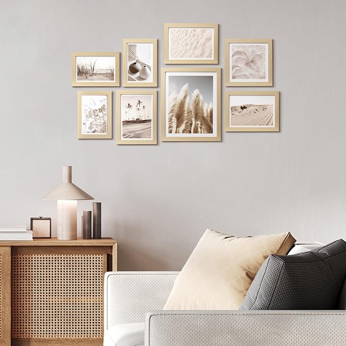 Gallery Wall Frame Set, 8 Pack Beige Picture Frames, Small | Collage Pampas Grass Prints Wall Art Decor for Living Room, Entryway, Stairway, Bedroom, Assorted Size