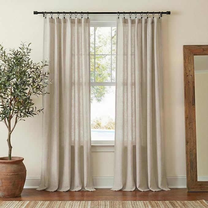 NICETOWN Semi Sheer Curtains 96 inches Long, Rod Pocket & Back Tab Linen Blend Light Filtering Window Treatments Privacy Added Drapes for Living Room, Cocoa Cream, W55 x L96, 2 Panels