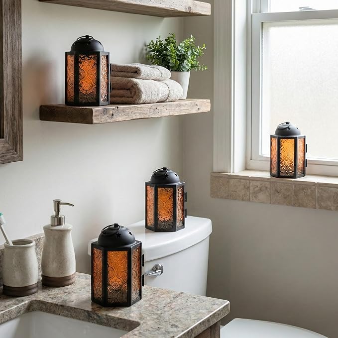 Mini Halloween Tea Light Candle Holder Centerpieces – 4.25" Small Decorative Moroccan Lantern for Table or Hanging, Metal with Glass Panels – Ramadan, Wedding, Home Decor, Amber Orange (Set of 4)