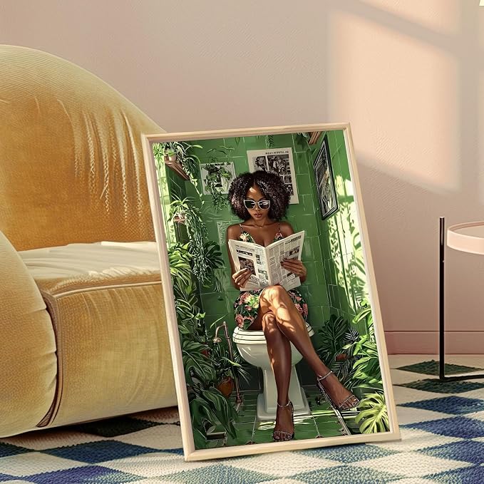 YUECOSHMAO African American Bathroom Decor Wall Art Dark Green Bathroom Mural Art Black Woman Reading in Green Botanical Toilet Poster Black Stylish Aesthetics Room Decoration 16X24 Inch Unframed