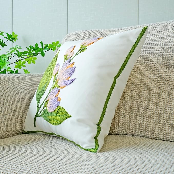 vctops Farmhouse Hibiscus Flowers Cotton Tufted Throw Pillow Cover Spring Floral Embroidery Pillowcase Soft Square Cushion Case for Sofa Couch Bed Chair (Pink Purple,18"x18")