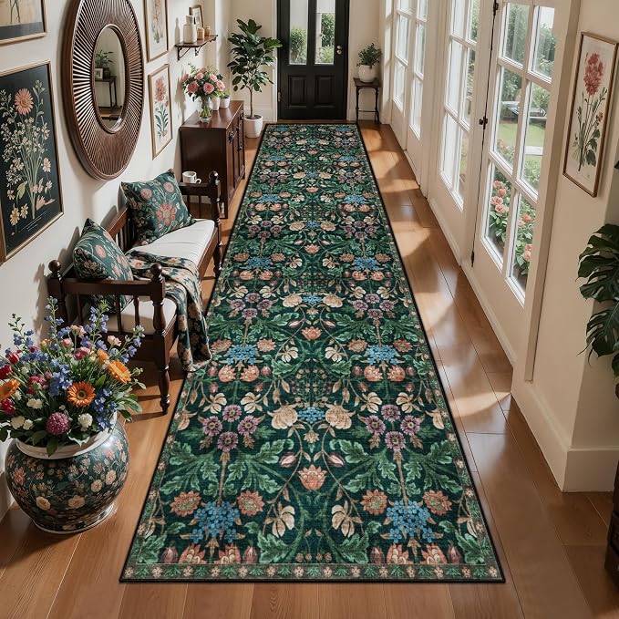Ciicool 2x10 Hallway Runner Rug Non Slip Floral Washable Long Kitchen Rugs | Low Pile Soft Boho Indoor Carpet for Entrance Laundry Bedroom Living Room