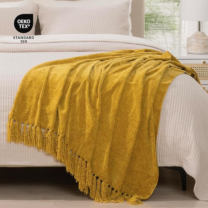 RECYCO Chenille Throw Blanket for Couch, 50"x60", Mustard Yellow | Super Soft Knit Throw Blanket with Fringe Tassels, Lightweight Knitted Throw, Cozy, Ideal for Sofa Chair Bed Living Room Gift