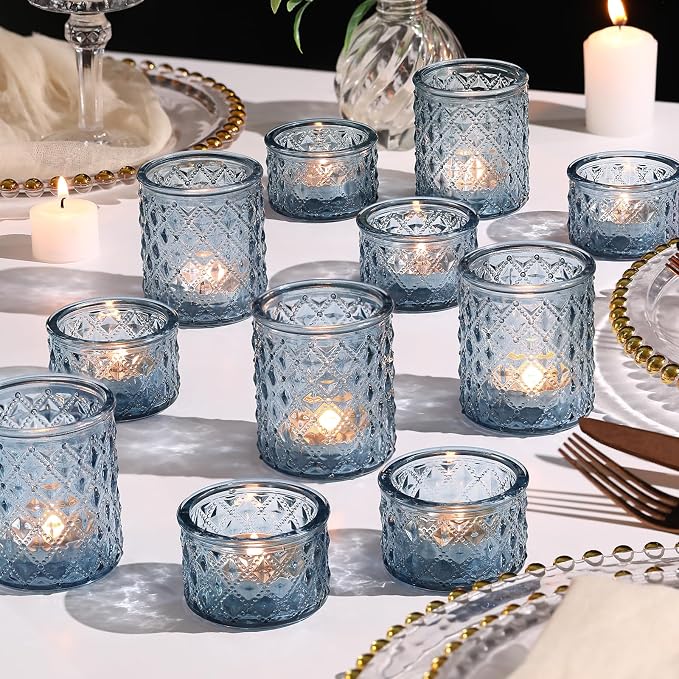 NITIME 24pcs Assorted Blue Votive Candle Holders, Tealight Candle Holders for Table Centerpiece, Blue Candle Holder Decor for Wedding, Baby Shower Party & Spa