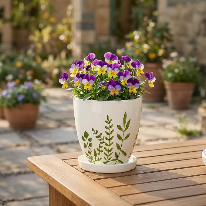 MPotTo Ceramic Pots for Plants - 6 Inch Plant Pot for Indoor Outdoor Plants, Ceramic Planter with Drainage Hole and Saucer, Decorative Round Planter, Gifts for Plant Lovers, Home Room Decor, White