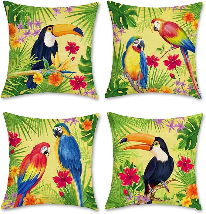 Bonhause Tropical Birds Parrot Toucan Throw Pillow Covers 18 x 18 Inch Set of 4 Flowers Leaves Outdoor Decorative Pillow Cases Polyester Linen Cushion Covers for Sofa Couch Car Bedroom Home Decor