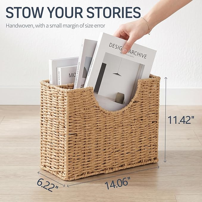 Coeusy Wicker Magazine Basket, Paper Rope Woven Magazine Holder for Files, Books, Documents, Newspapers, Narrow Boho Organizer and Storage Bins with Handle for Office, Living Room, Bathroom (Natural)