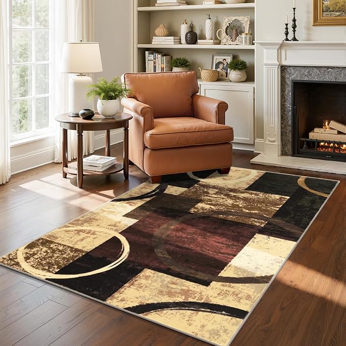Yamaziot 3x5 Washable Modern Abstract Area Rug Non-Slip Entryway Rug | Stain Resistant Kitchen Rug with Rubber Backing, Low Pile, Ultra Soft Carpet Rug for Bedroom, Laundry, Entryway, Brown