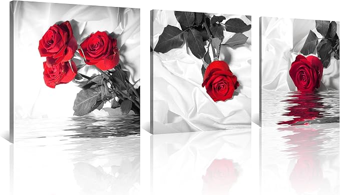 NAN Wind Canvas Print 3 Pcs Black and White Red Rose Canvas Art Painting Abstract Wall Art Decorations Flower Picture on Canvas for Home Decor Stretched and Framed (20X20inchX3pcs, Red Rose)