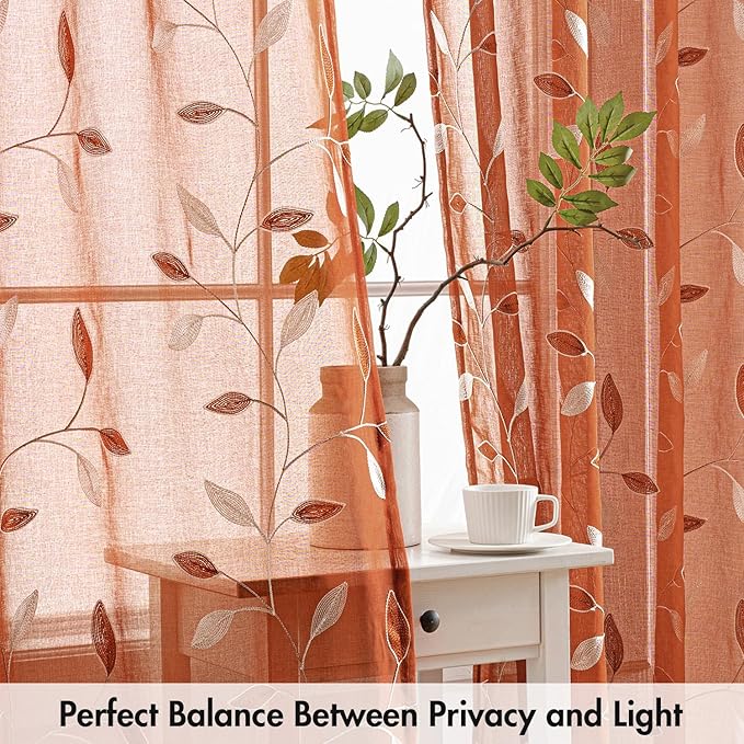 MIULEE Burnt Orange Sheer Fall Curtains 2 Panels Leaf Patterned, W52 x L84 | Embroidered Floral Semi Sheer,Rod Pocket,Faux Linen,Short Window Curtains Drapes Set for Kitchen/Bathroom/Cafe