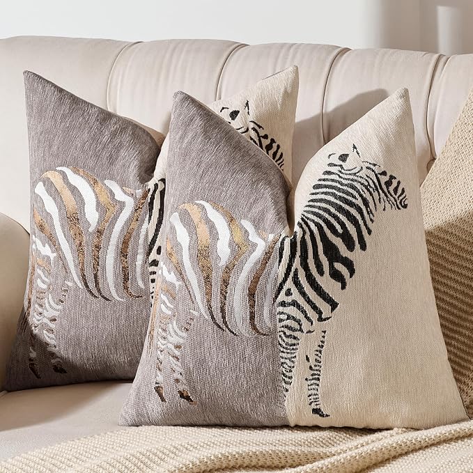 AmHoo Set of 2 Throw Pillow Covers Zebra Chenille Patchwork Decorative Pillows Cover Pillowcase for Sofa Couch Bed 18 x 18-Inch Nougat