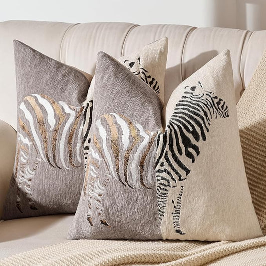Zebra Chenille Patchwork Throw Pillow Covers 18x18 Inch Set of 2