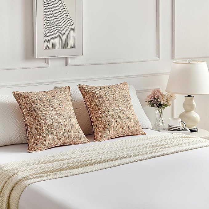 FUTEI Pack of 2 Chenille Tweed Vintage Throw Pillow Covers 22x22 Inch Soft Decorative Cushion Case Modern Farmhouse Accent for Couch Bed Living Room, Rust