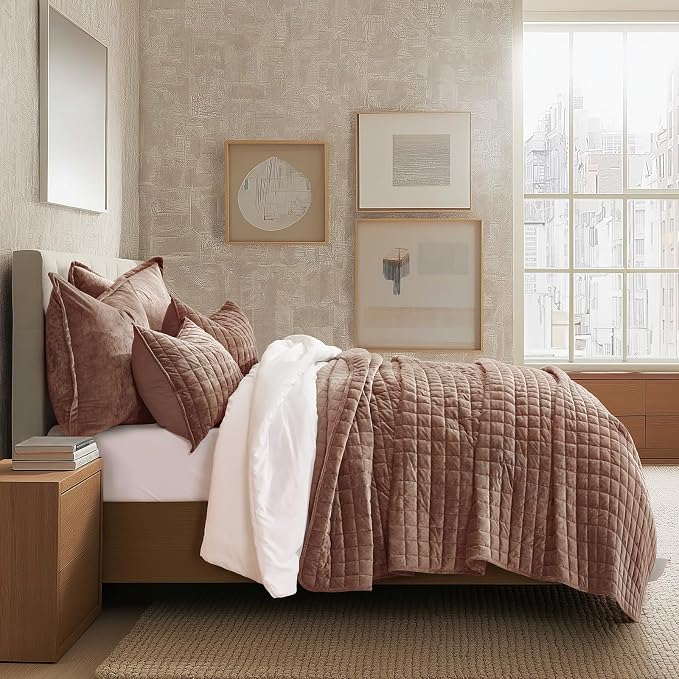 RECYCO Channel Box Stitch Velvet Quilt Set, Queen Size, Terracotta Clay | Ultra Soft Lightweight Velvet Comforter, Luxury Oversized Bedspread Coverlet, Quilted Bedding Set for All Season with 2 Shams