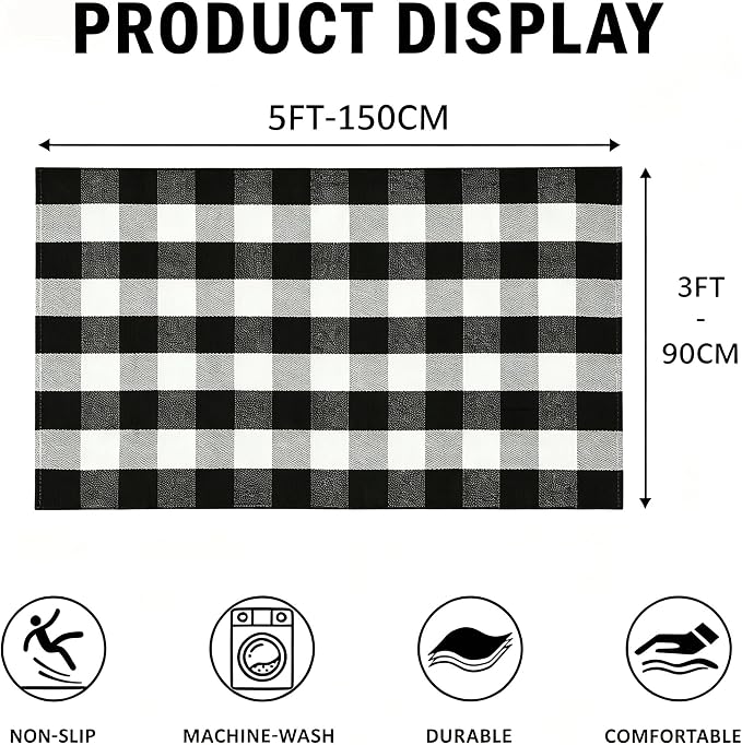 SEEKSEE Buffalo Plaid Outdoor Rug 3' x 5' Black and White Front Door Mat, Layering Rug for Porch, Washable Doormat, Cotton Area Rug for Outdoor Entrance Entryway Patio Porch Decor