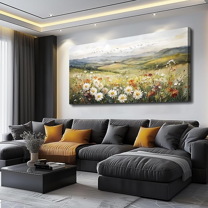 FUHAIHUA Large Framed Wall Decor For Living Room Canvas Wall Art For Office Farmhouse Wall Decorations For Bedroom Prairie Flowers Landscape Paintings Modern Pictures Artwork Home Decor 24" x 48"