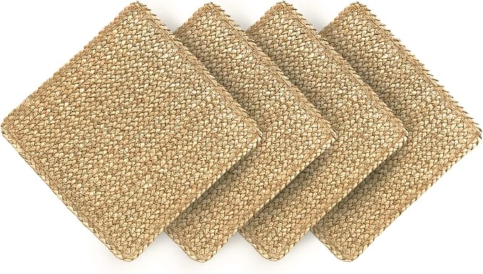 Square Woven Placemats Set of 4 Straw Table Placemat Extra Wide Braided Rattan Place Mats for Square Plates Farmhouse Placemat Wipeable Wicker Outdoor Placemats for Patio Table 13.4''
