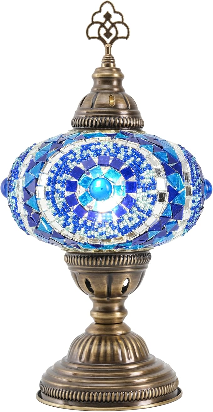 Turkish Lamp, Mosaic Table Lamp, Antique Moroccan Decorative Glass Bohemian Vintage Lamp Shade, Small Desk Tiffany Bedside Stained Glass Lamp with US Plug and E12 Socket