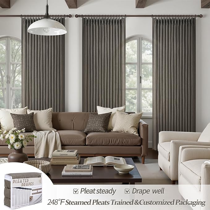 Chocolate Tart Extra Long 108 Inch Floor to Ceiling Curtains for Dining Room, Memory Shape Pinch Pleat Thick Natural Linen Modern Curtain Luxury Decor Light Filtering Window Drapes 2 Panels 9FT Length