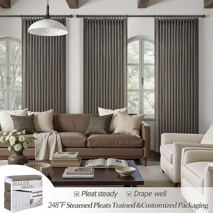 Extra Long 120 Inch Pleated Curtains for Room Divider 2 Panels Set, Chocolate Tart Memory Shape Natural Flax Linen Textured Curtain 10FT Length Light Filtering Semi Sheer Large Window Drapes Bedroom