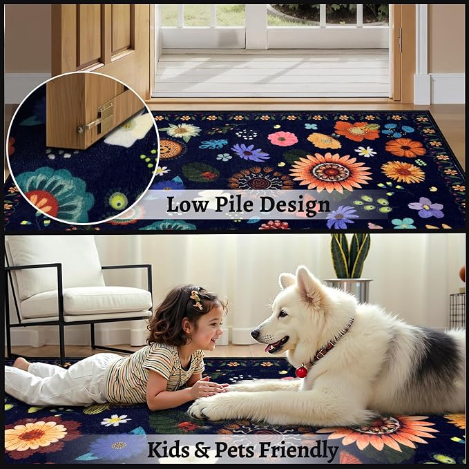 Ciicool 4x6 Washable Area Rug Floral Living Room Rugs for Bedroom Bedside | Soft Low Pile Carpet for Hallway Entryway Playroom Laundry Office Home Boho Non-Slip Black Carpets