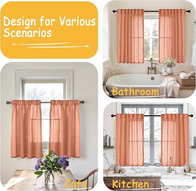 Small Linen Semi Sheer Curtains 24 Inch Long for Cafe Kitchen Window | Burnt Orange Half Drapes with Rod Pocket Back Tab Fall Decor for Bathroom Window Over Sink, 2 Panels, 29 X 24 Inch