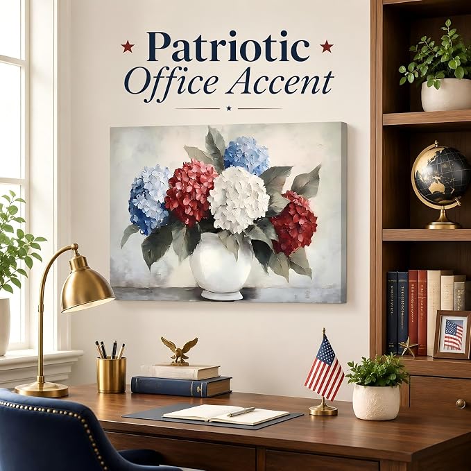 RIBNTAK Patriotic Hydrangea Wall Art USA Red White Blue Flower Vase Print Pictures Wall Decor Canvas Painting Artwork Decorations for Bedroom Bathroom Kitchen Living Room,Made in USA