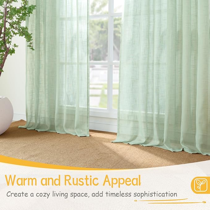 Light Green Linen Semi Sheer Curtains 40 Inch Length for Kitchen Window | Short Drapes with Rod Pocket Back Tab Textured Light Filtering for Cafe Bathroom Window Over Sink, 2 Panels, 42 X 40 Inch