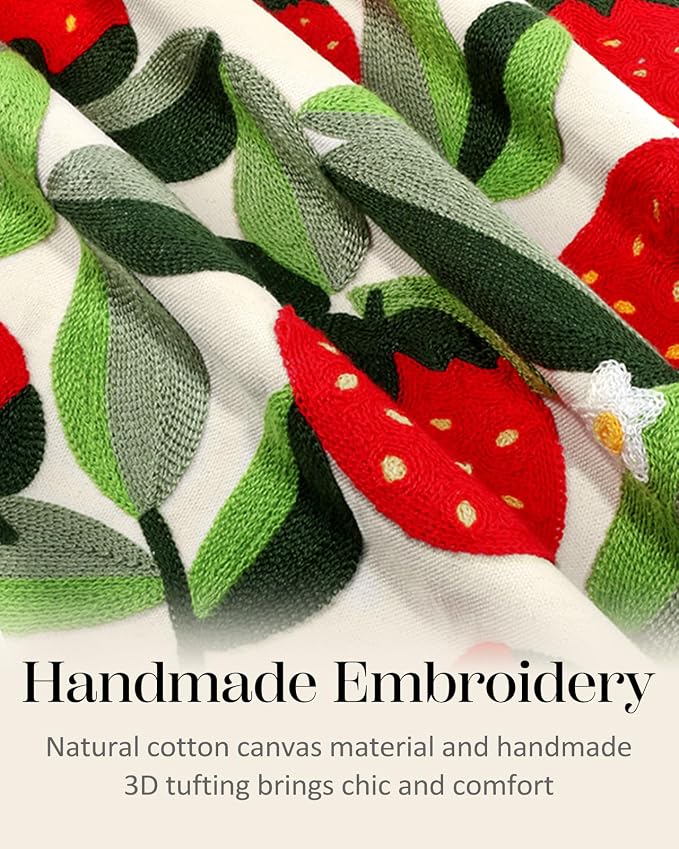 Embroidered Throw Pillow Cover - 18x18 Decorative Pillow Cover with Zipper Aesthetic Cute Design Boho Spring Summer Throw Pillowcase for Living Room Couch Sofa Bed, Leaf Strawberry