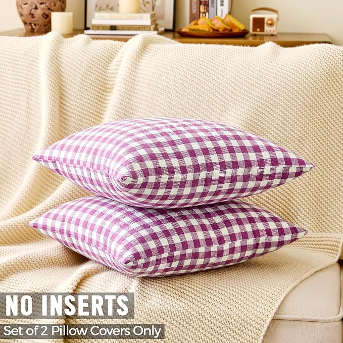 Outdoor Lavender Gingham Plaid Throw Pillow Covers 20x20 Set of 2 (Purple) | Purple-color Cushion Covers 20 x 20, Vintage Farmhouse Cottage Core Decor for Couch Bed, Fundas Para Cojines De Sala Navidad