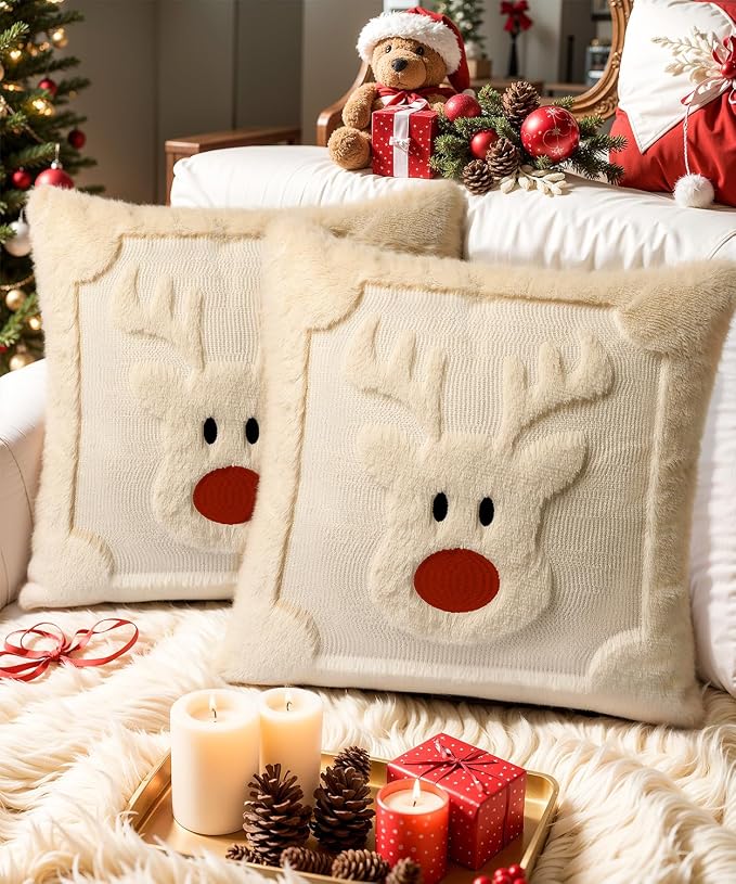 Christmas Pillow Covers Set of 2 Soft Plush Faux Fur Pillow Cases 3D Embroidered Decorative Couch Cover Home Decor Christmas Throw Pillow Covers 18x18,Beige Reindeer