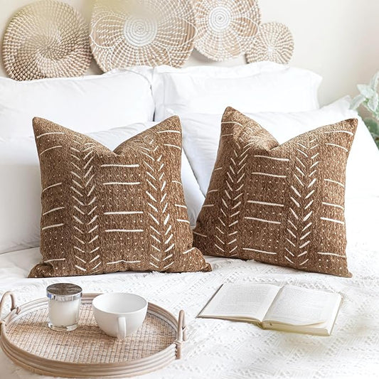 BlissBlush Decorative Throw Pillow Covers 20X20 Set of 2, Brown Boho Farmhouse Cushion Cover, Cozy Soft Accent Pillowcase for Couch Sofa Bed Living Room Home Décor