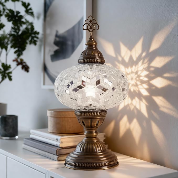 Turkish Lamp, Mosaic Table Lamp, Antique Moroccan Decorative Glass Bohemian Vintage Lamp Shade, Small Desk Tiffany Bedside Stained Glass Lamp with US Plug and E12 Socket