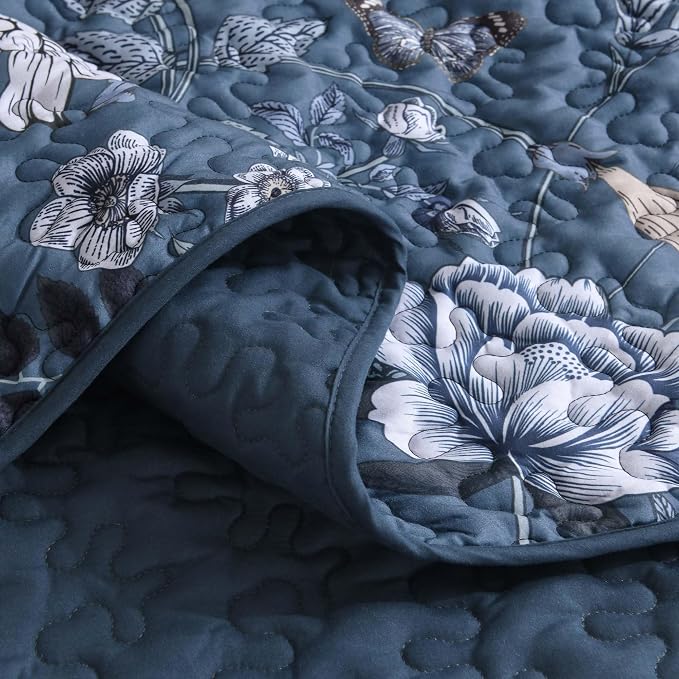 Litanika Floral Navy Quilt California King - 3Pcs Botanical Birds Bed Set | Blue Bedspread Summer Lightweight Soft Coverlet for All Seasons (112"x104")