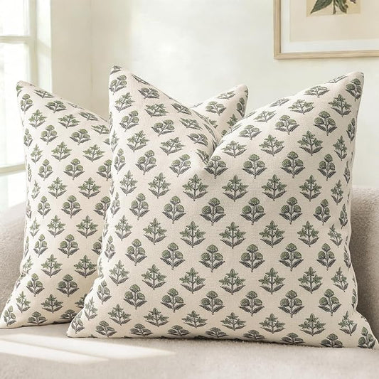 YCOLL Farmhouse Floral Pillow Covers 22x22 Set of 2, Rustic Country Decorative Cushion Covers Vintage Throw Pillow Covers for Sofa Couch Bed Living Room Home Decor, Sage Green