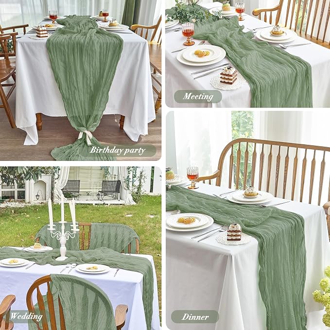 IVAPUPU Sage Green Table Runner 120 Inches for Birthday Party Home Decor | 6 Pcs Boho Gauze 10FT Cheesecloth Table Runners for Wedding Baby Shower Decorations Summer Garden Farmhouse